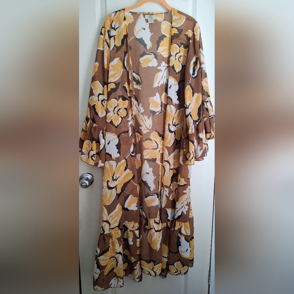 Turquoise Haven Rayon Floral Ruffle Wrap Kimono L/XL Lighweight Tropical‎ Beachy